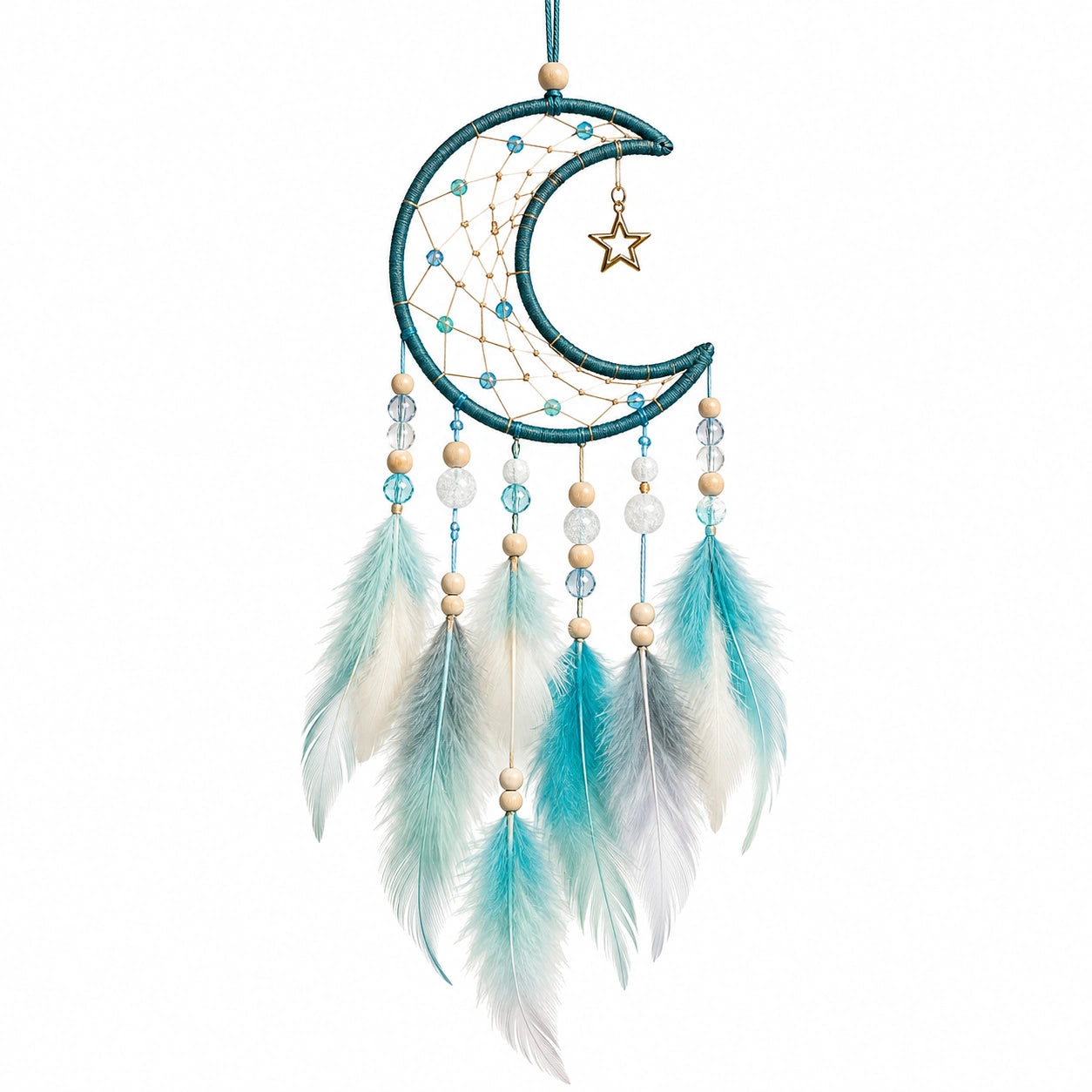 Attrape-rêves lune 30 cm bleu turquoise à plumes style bohème