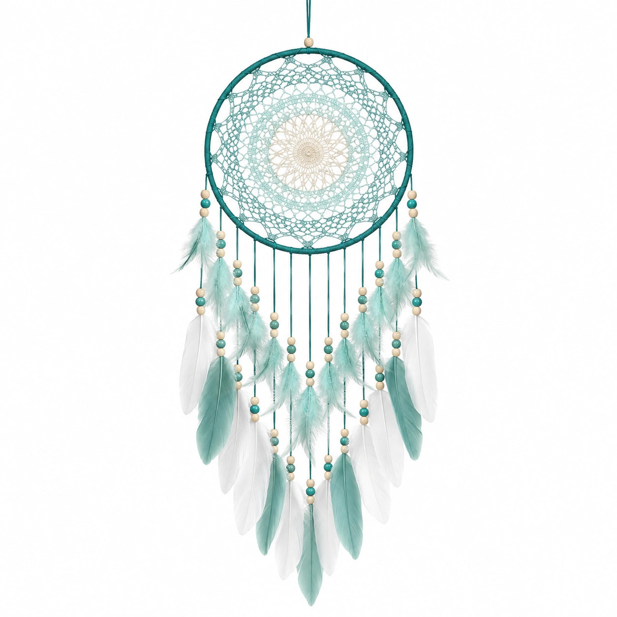 Attrape-rêves mural 40 x 90 cm en fils turquoise blanc avec plumes style bohème