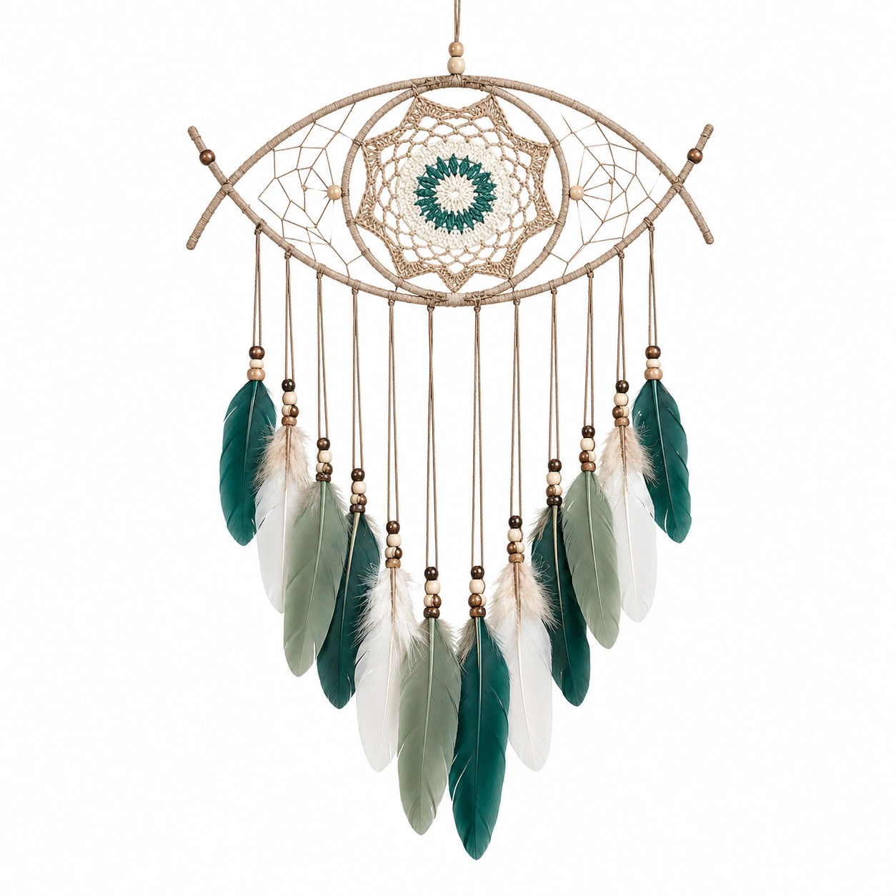 Attrape-rêves suspendu 40 x 75 cm en corde beige vert et blanc style bohème
