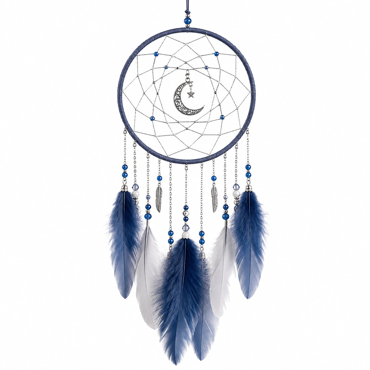 Attrape-rêves mural 20 x 55 cm en fil et plumes bleu blanc style bohème