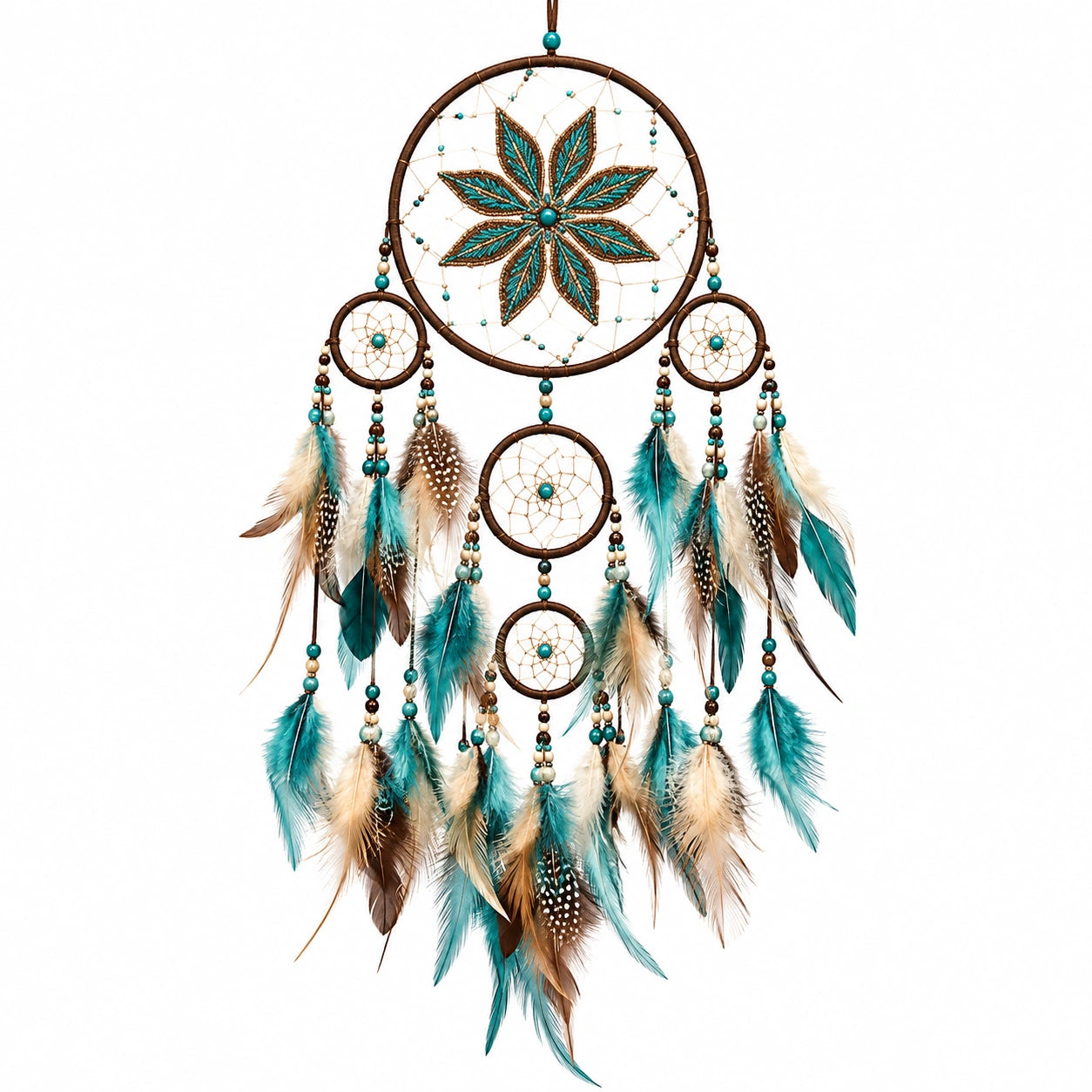 Attrape-rêves 40 x 85 cm en plumes et perles turquoise marron décoration murale bohème