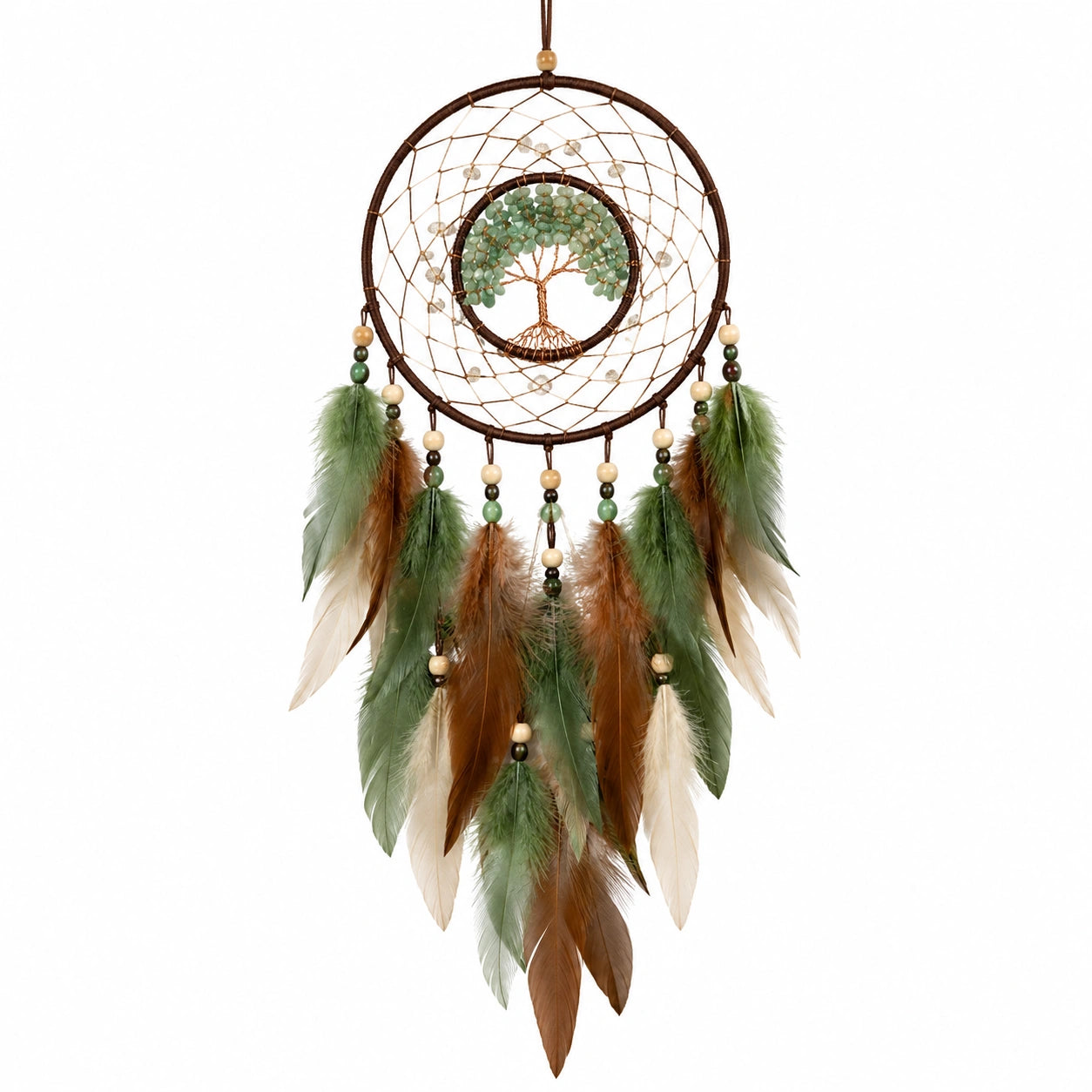 Attrape-rêves 30 x 70 cm en plumes vert marron style bohème à suspendre