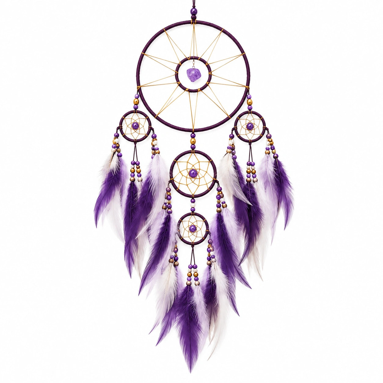Attrape-rêves mural 35 x 85 cm en cordon textile violet et plumes décoratives style bohème