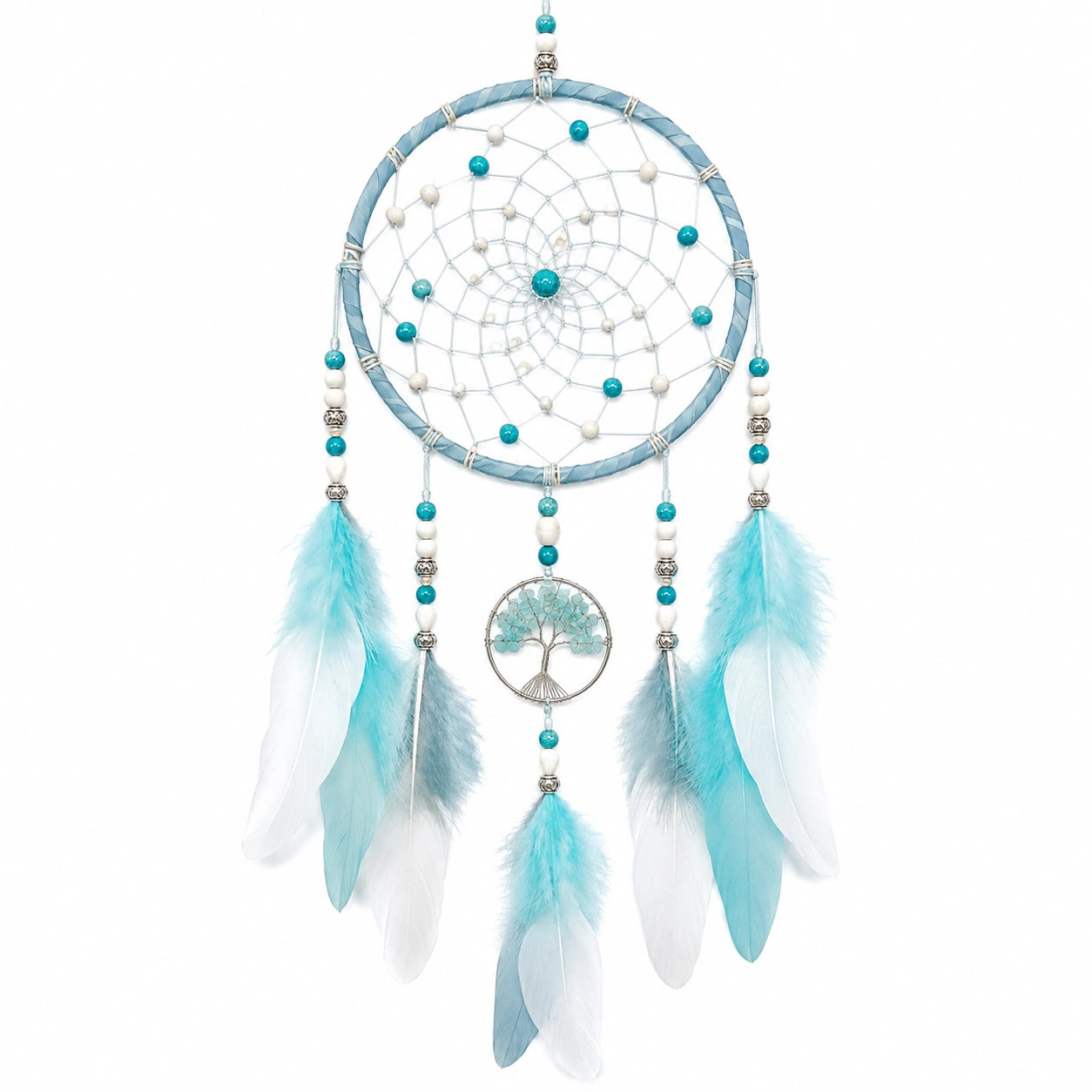 Attrape-rêves mural 30 x 75 cm bleu blanc en plumes et perles style bohème