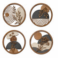 Lot de 4 décorations murales rondes diamètre 30 cm en bois marron beige gris style botanique