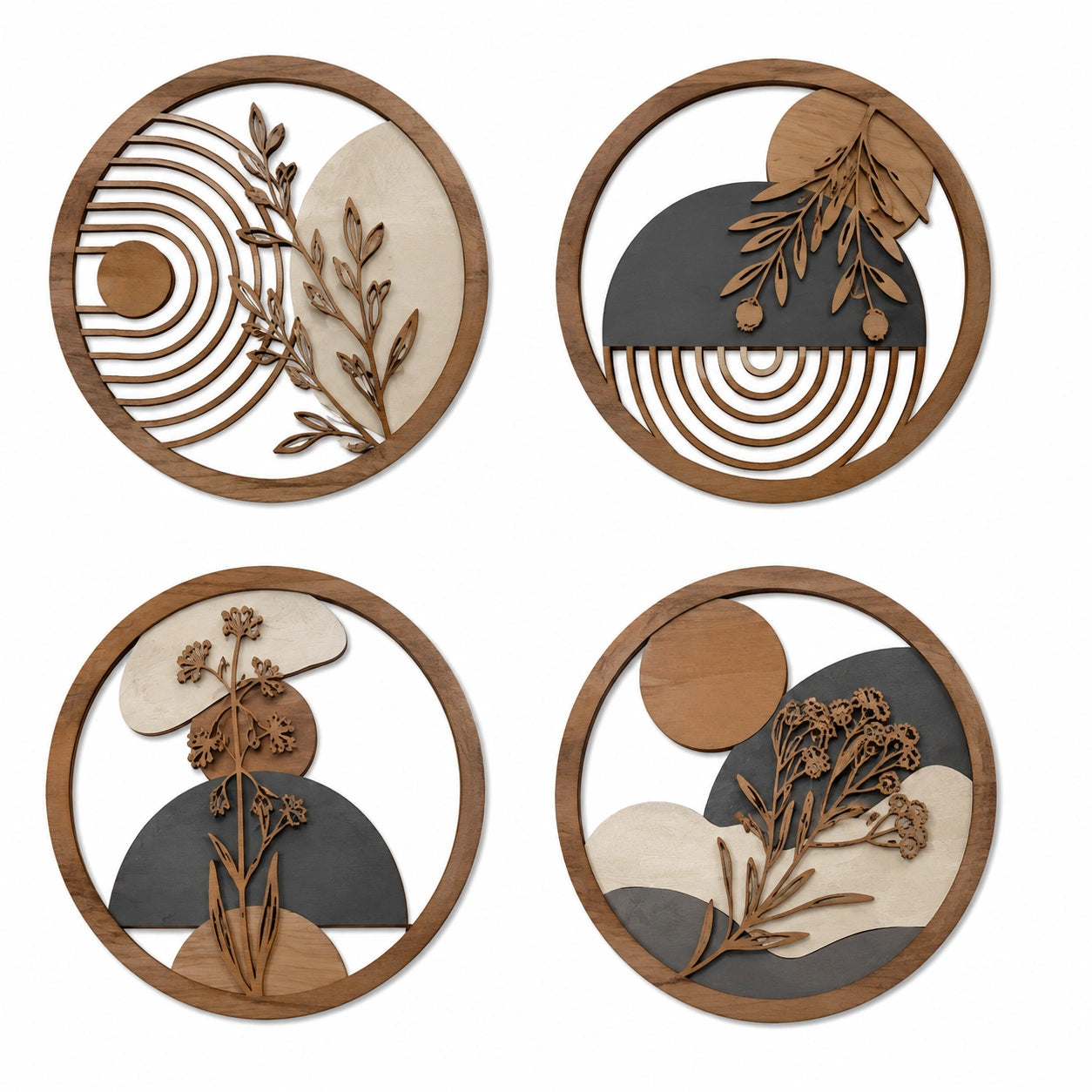 Lot de 4 décorations murales rondes diamètre 30 cm en bois marron beige gris style botanique