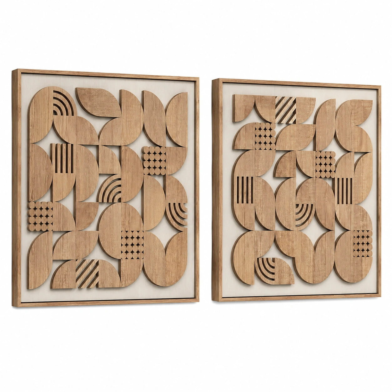 Lot de 2 tableaux muraux 60 x 90 cm en bois beige - décor géométrique en relief