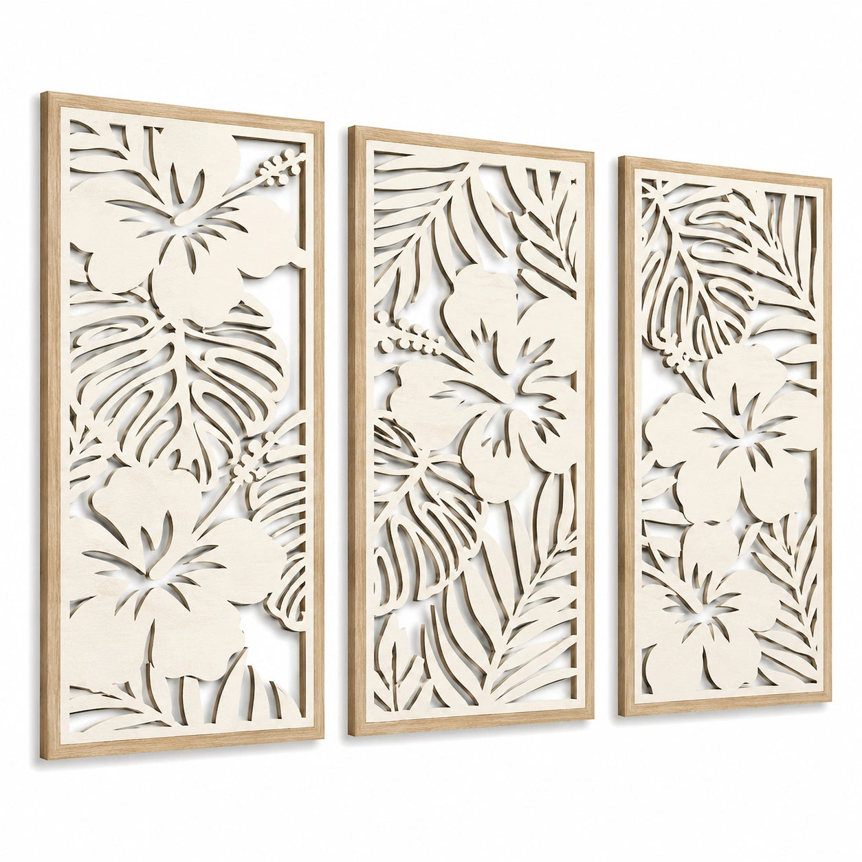 Lot de 3 panneaux muraux 30 x 90 cm en bois beige naturel à motif floral tropical
