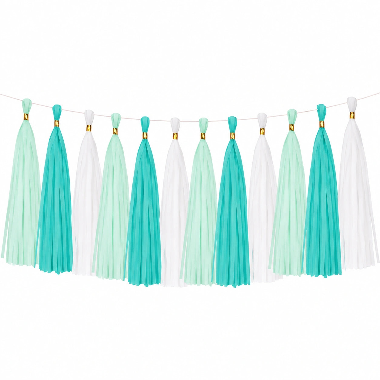 Guirlande à pompons 250 x 35 cm en papier turquoise menthe blanc et doré pour décoration de fête