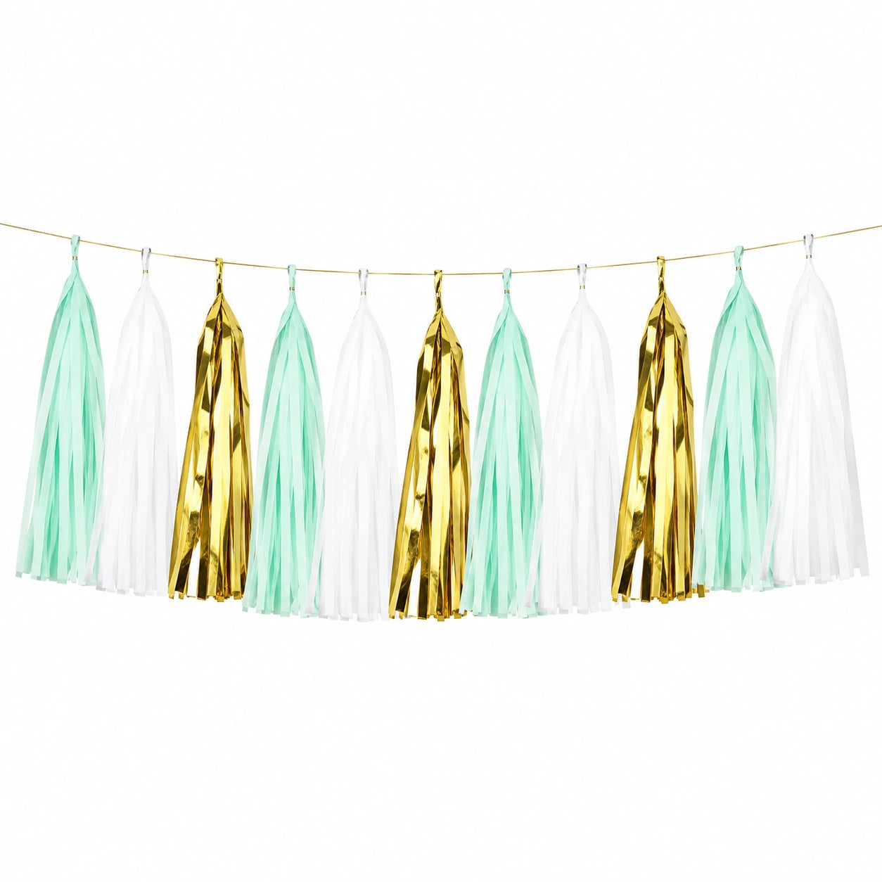 Guirlande à pompons 300 x 35 cm en papier vert menthe blanc doré décoration de fête