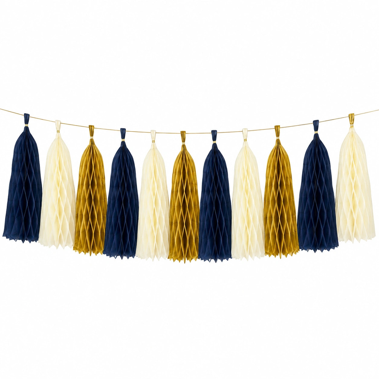 Guirlande décorative 300 x 30 cm en papier bleu marine ivoire et ocre style nid d'abeille pour fête