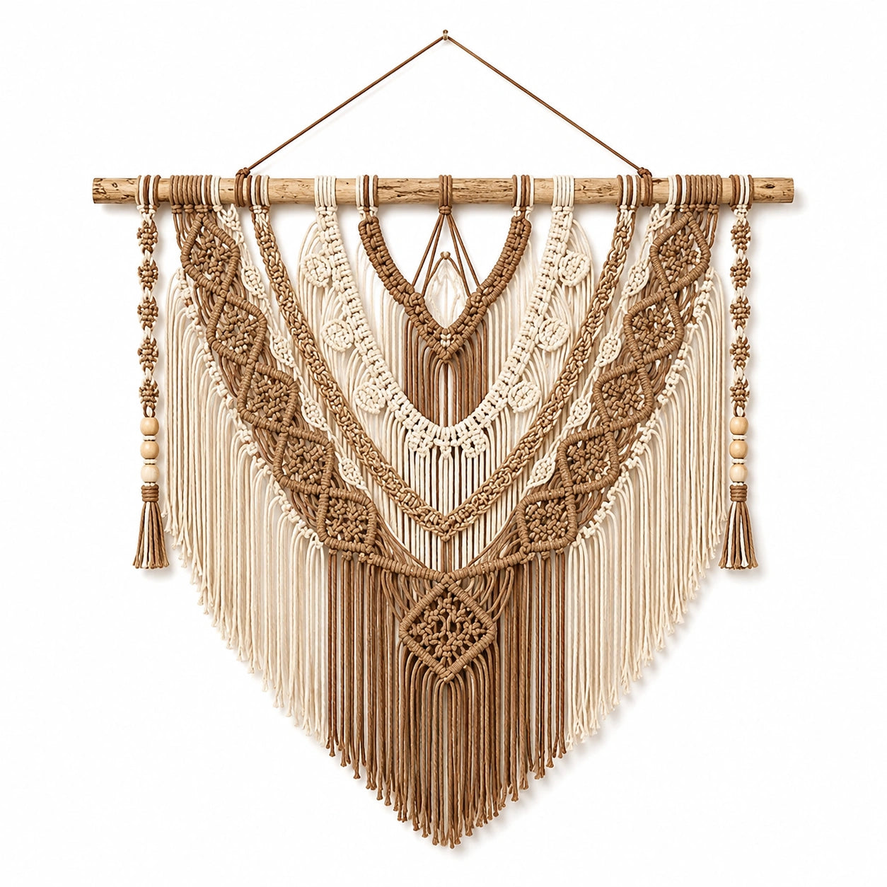 Tapisserie murale macramé 90 x 110 cm coton beige marron décoration bohème