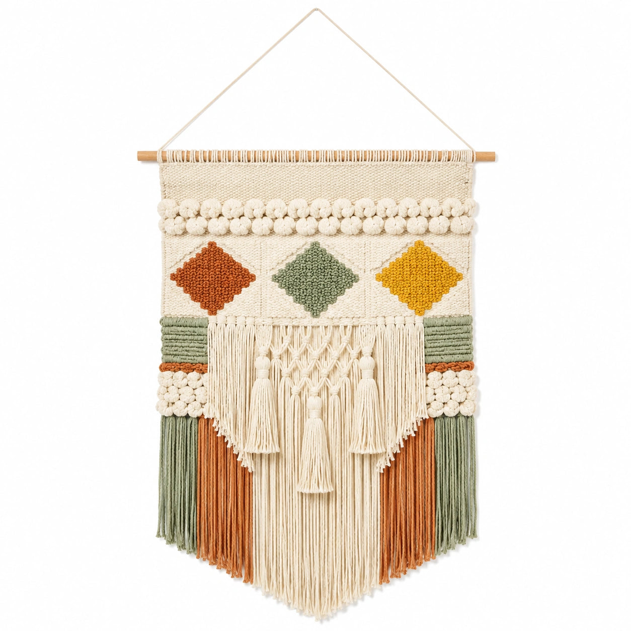 Tenture murale macramé 50 x 85 cm coton écru vert ocre décoration bohème