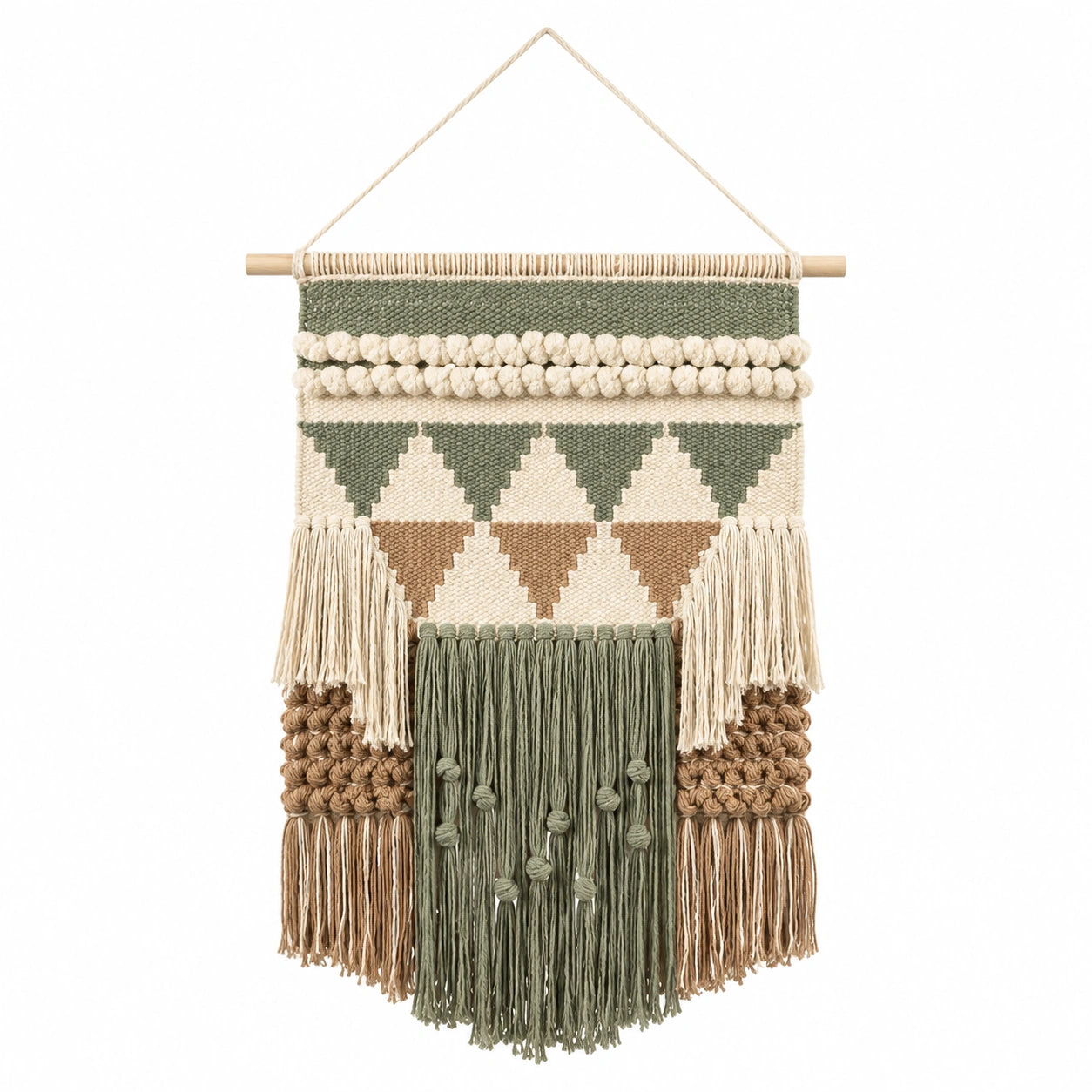 Tenture murale tissée 45 x 80 cm en fibres textiles vert sauge beige marron à franges