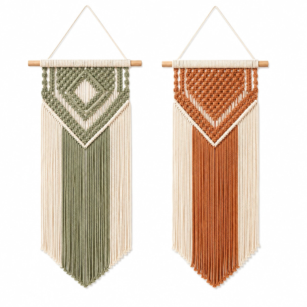 Décoration murale macramé 35 x 80 cm en coton vert beige terracotta style bohème