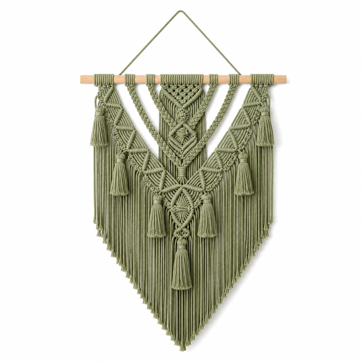 Tenture murale macramé 70 x 95 cm en fibres textiles vert sauge avec barre en bois style bohème