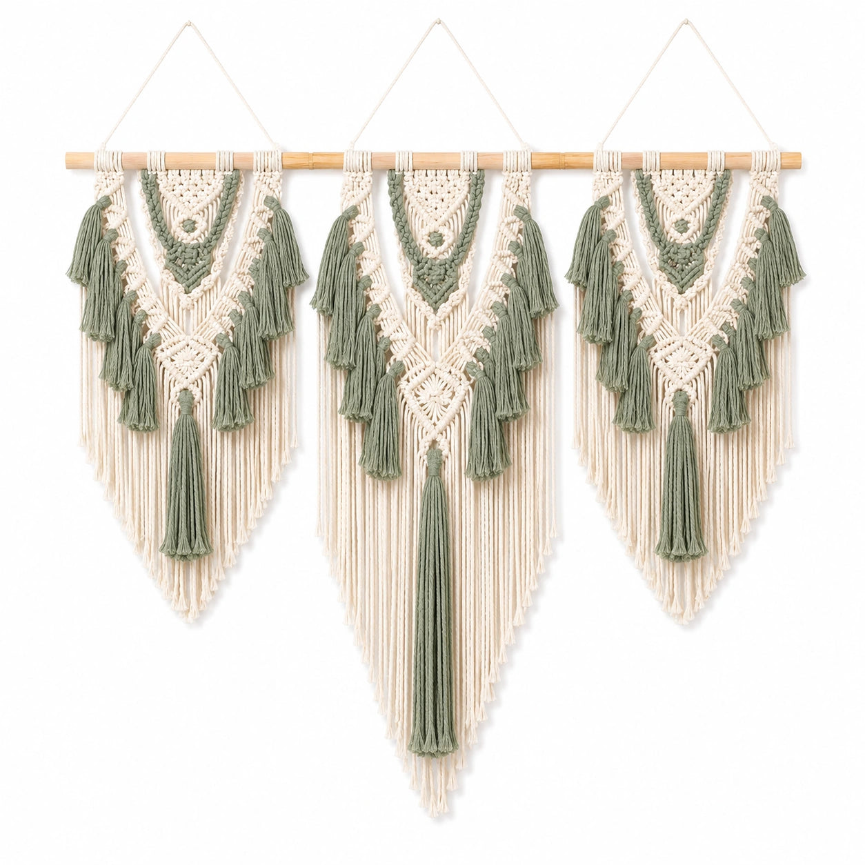 Tapisserie murale en macramé 100 x 120 cm coton vert sauge et écru style bohème