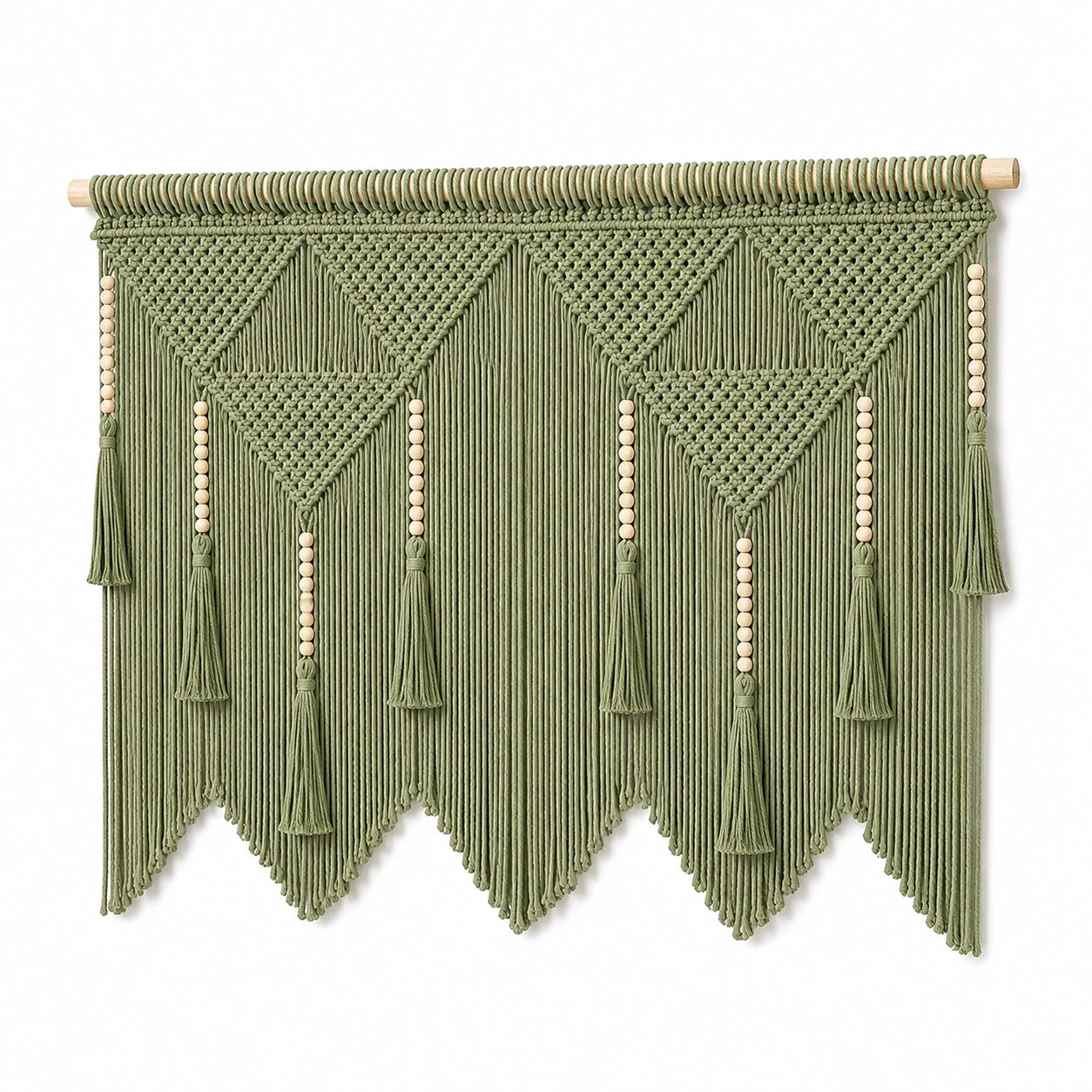 Tenture murale 80 cm x 100 cm en coton vert style bohème à franges