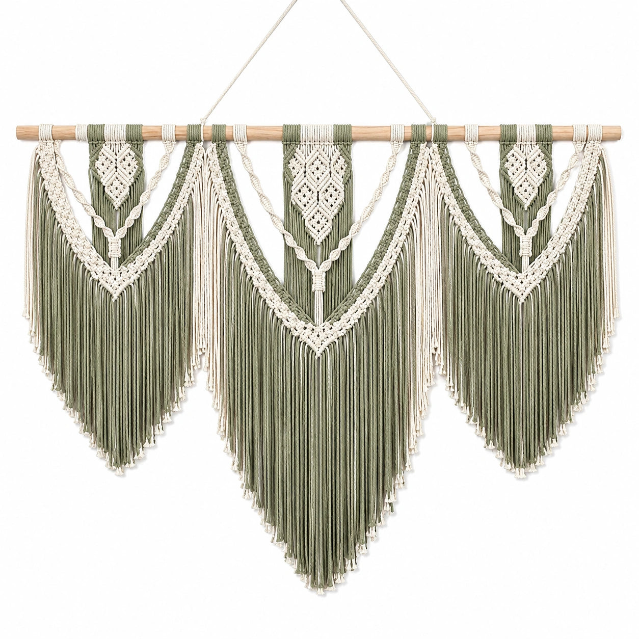Tapisserie murale en macramé 100 cm x 110 cm coton vert sauge et écru style bohème