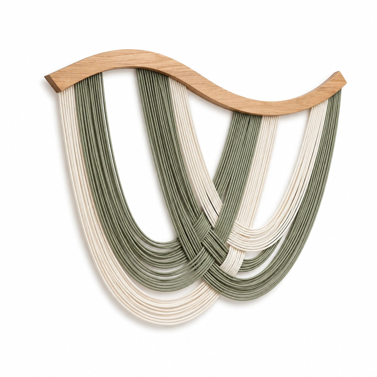 Tenture murale 80 x 70 cm en bois et cordons tressés vert sauge écru style bohème