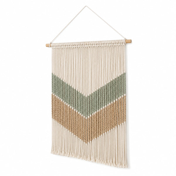 Tapisserie murale macramé 50 x 90 cm coton beige vert sauge style bohème