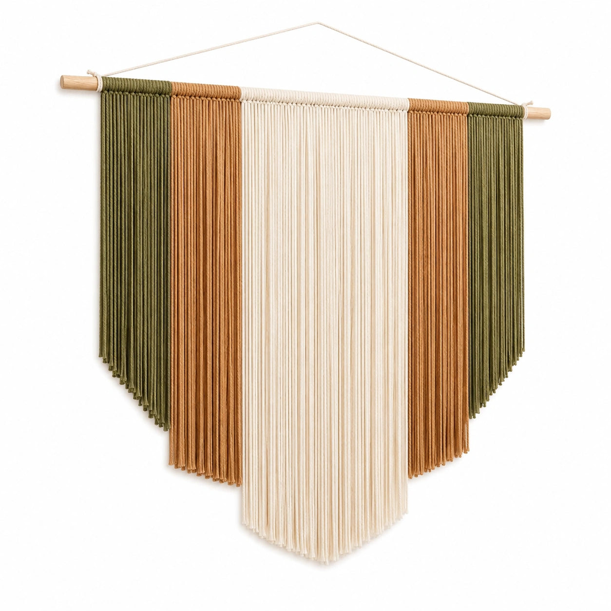 Décoration murale tissée 70 x 90 cm en corde de coton vert beige terracotta style bohème à suspendre
