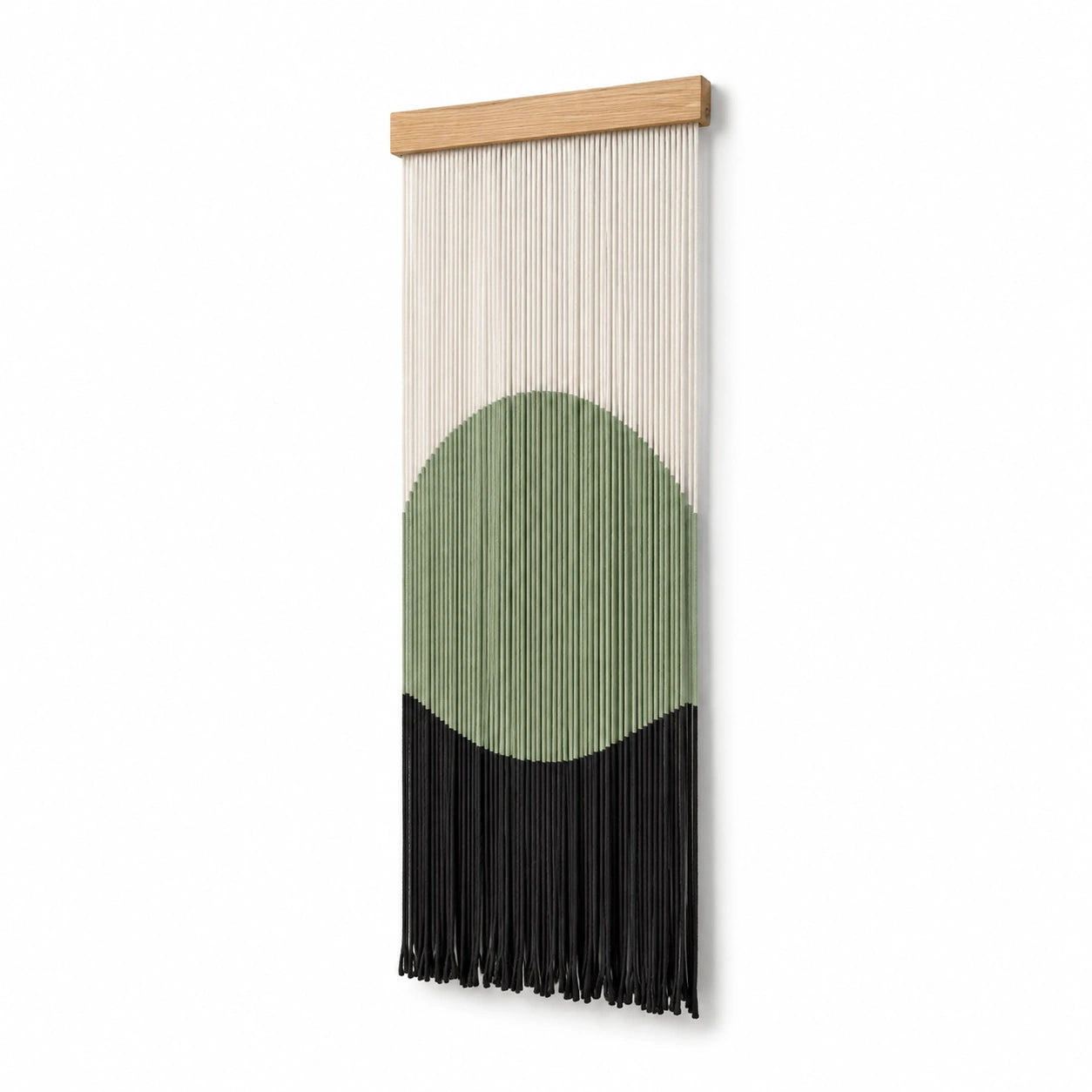 Tapisserie murale 40 x 100 cm en coton vert noir et blanc avec barre en bois style bohème