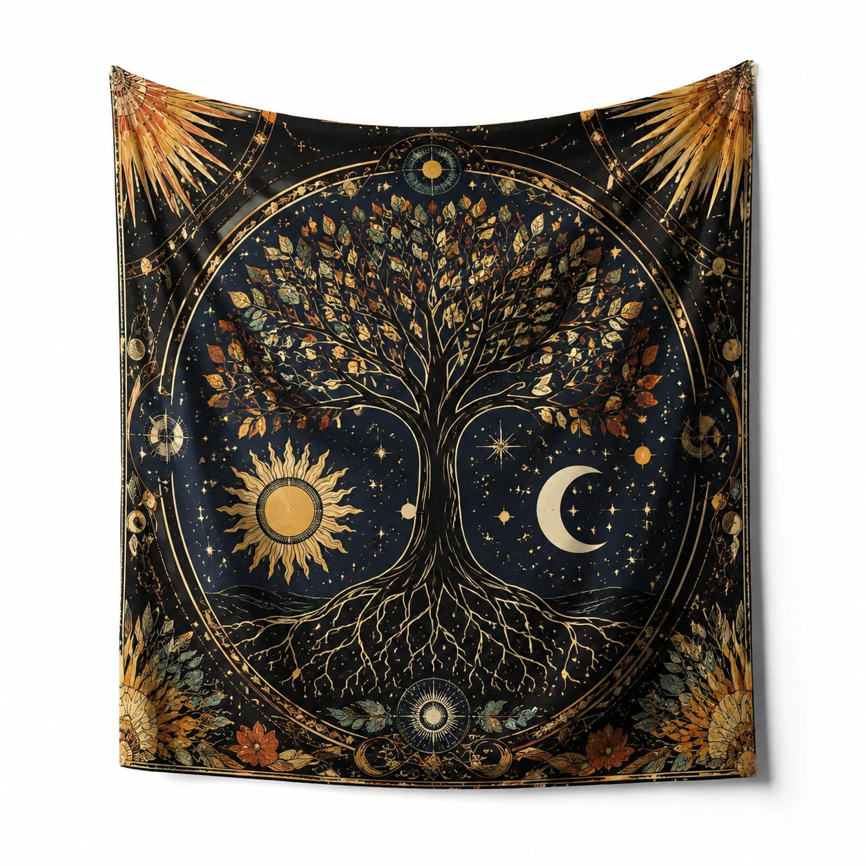 Tenture murale 150 x 130 cm en polyester noir doré motif arbre céleste décoration intérieure
