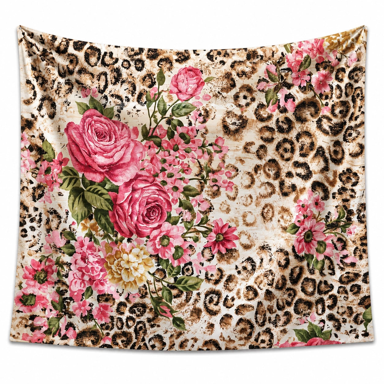 Tapisserie murale 150 x 150 cm en polyester motif léopard et fleurs style bohème