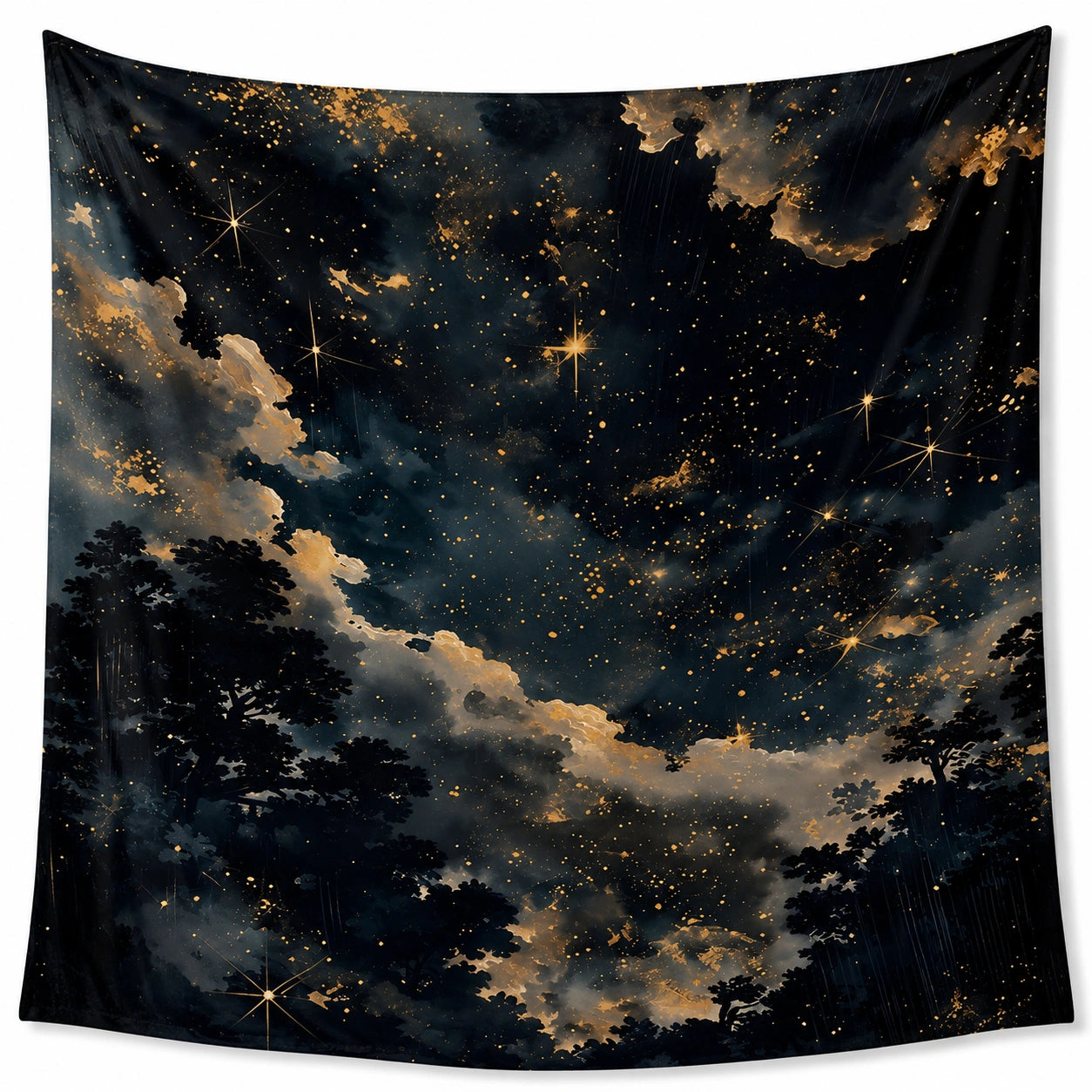 Tenture murale 150 x 130 cm en polyester noir et doré motif ciel étoilé décoratif