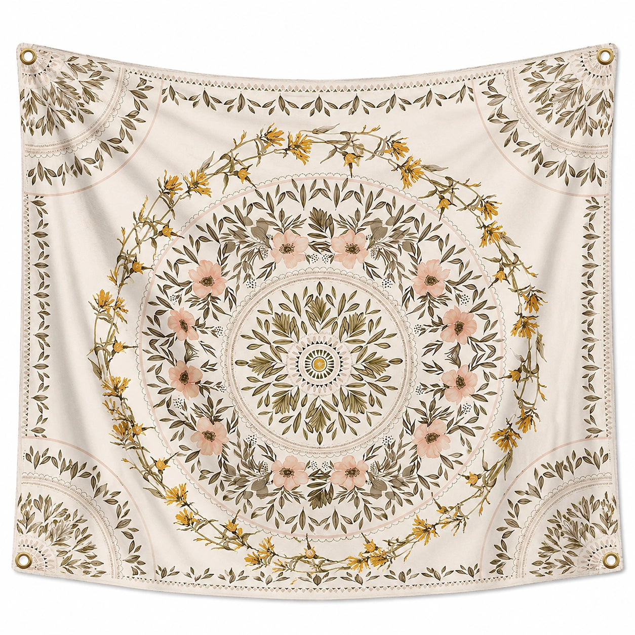 Tapisserie murale 150 cm x 150 cm en polyester beige motif floral avec œillets style bohème